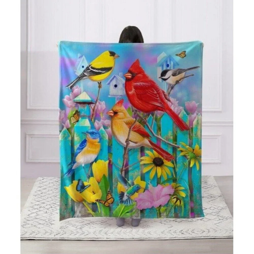 New Flower Songbirds Cardinal Plush Throw Blanket Birdwatch Birder Twitcher Gift - Picture 2 of 3